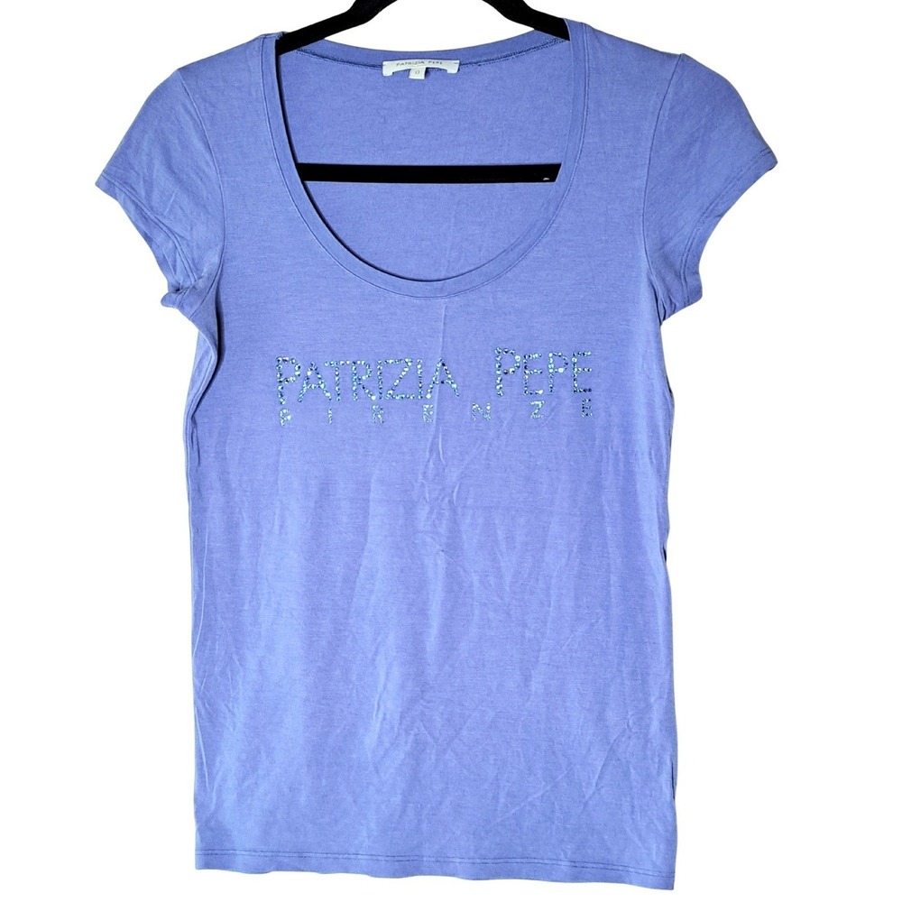 Patrizia Pepe Firenze Logo Tee Womens 0 Periwinkle Blue Rhinestone Italian‎